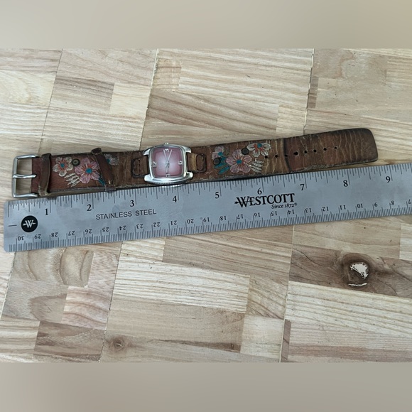 Fossil Ladies Watch Brown Embroidered Leather Strap Rectangular Pink Dial - Picture 11 of 12